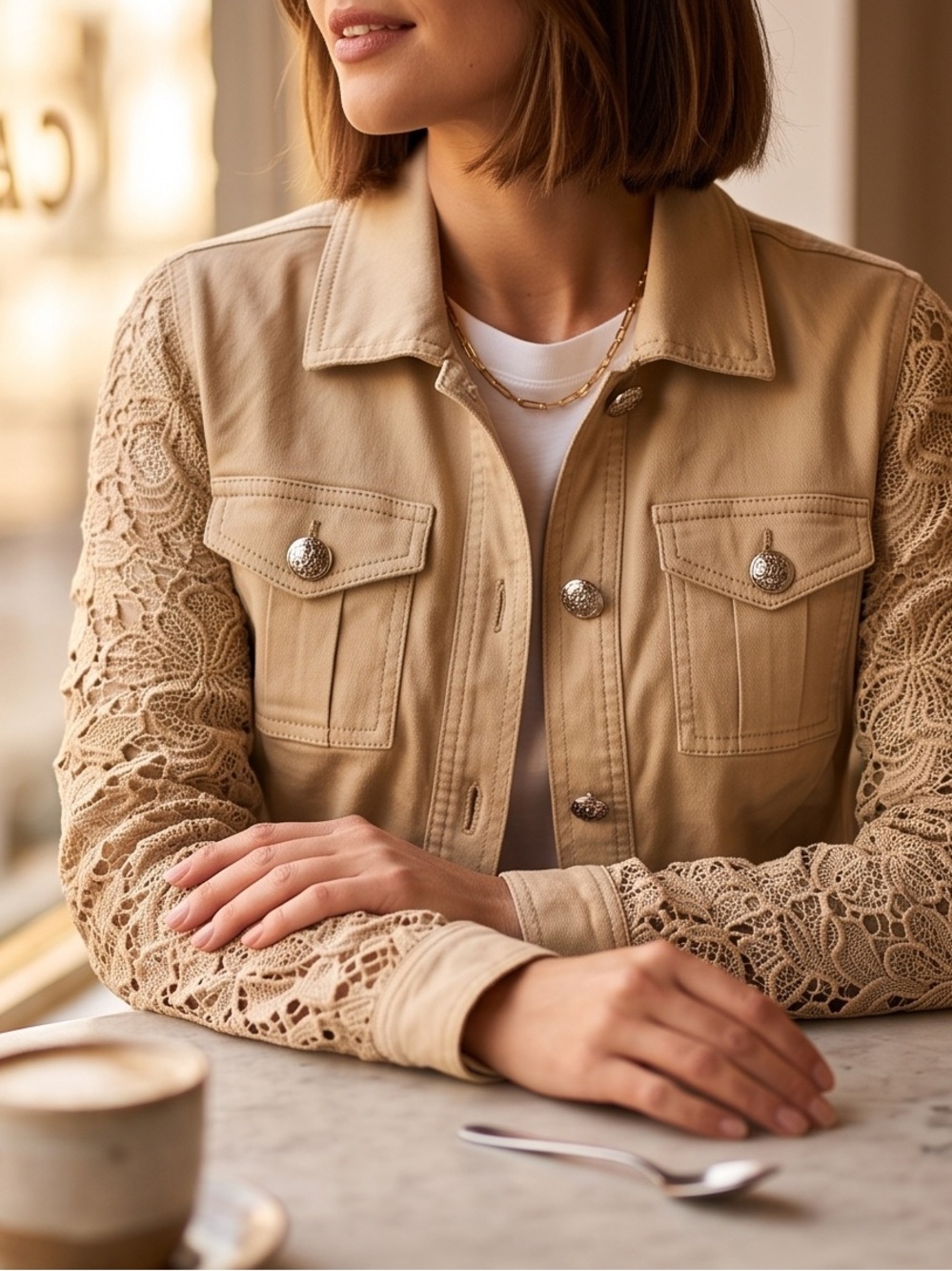 White House Black Market - Beige Denim Style Jacket with Crochet Lace Sleeves